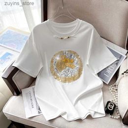 T-shirt Femme T-shirt femme 2024 été nouveau T-shirt Harajuku avec perles mode chaud perceuse t-shirts col rond ample à manches courtes couverture en coton 24329