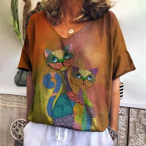 Dames t-shirt dames t-shirt 3d schattige kattenprint v-neck top zomer nieuwe kawaii dieren korte slaap mode losse size dames topl2405