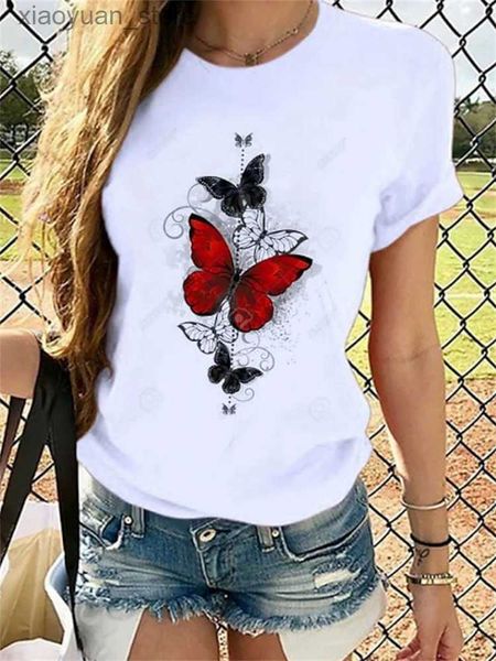 Camiseta para mujer Camiseta para mujer Camiseta con estampado de mariposas de dibujos animados Manga corta Chic Casual Weekend Y2k Tops Regular Multicolor Street Crew Neck para niñas 240130