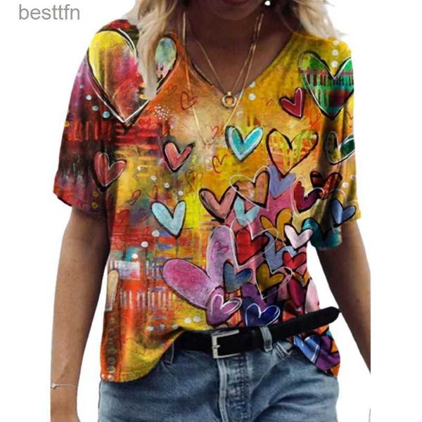 T-shirt Femme T-shirt Femme Dessin animé Amour Imprimer Lâche Loisirs Été Court Sle Col V Kaii T-shirts avec chat drôle Féminité Vêtements 240311