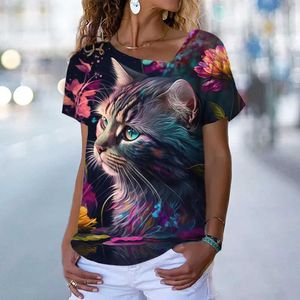 Dames T-shirt Dames T-shirt Fashion 3D Animal Print Short Sheeved T-shirt Casual V-hals losse T-shirt Fun Cat Patroon Dames Top 2024L2405