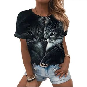 Dames t-shirt dames t-shirt mode blouse short slve t shirt voor vrouwen 3D katten print zwart kawaii t shirt dames oversized zomer top t240425