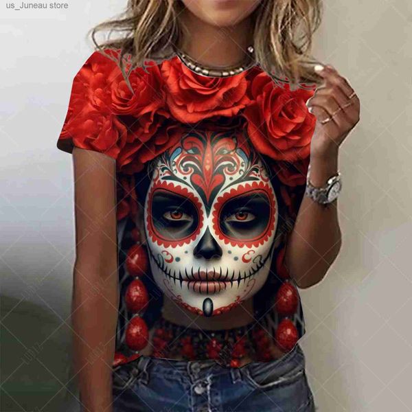 T-shirt féminin T-shirt pour femmes pour filles Summer Short Slve Fashion Casual Sexy Girls Clothes Horror Undead Skull Pattern T-shirts surdimensionné T240412