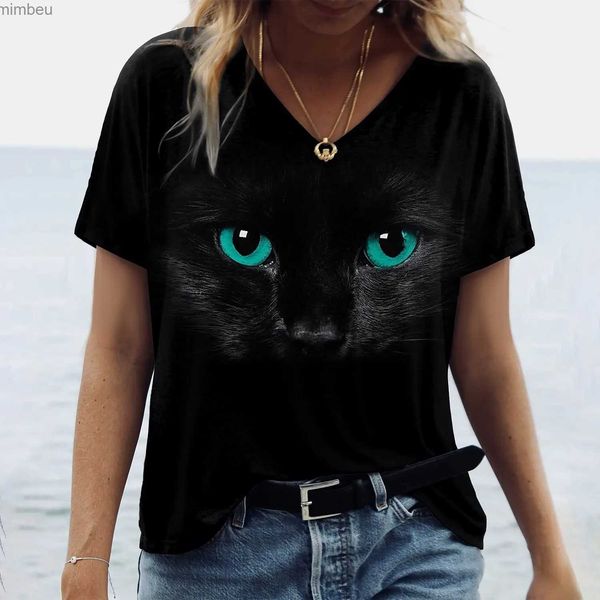 T-shirt Femme T-shirt Kaii Cat Print 3D T-shirt Top Fashion Y2k T-shirts à manches courtes Col en V Vêtements féminins T-shirts d'été surdimensionnésC24319