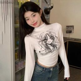 Camiseta para mujer Camiseta para mujer Versión coreana Otoño Invierno Impresión de dibujos animados Irregular Slim Casual Moda Versátil Mangas largas TopC24319