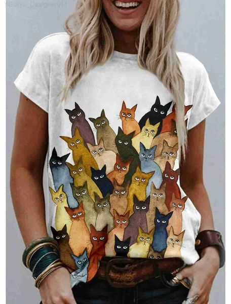 T-shirt Femme T-shirt Femme Tee-shirt Blanc Bleu Kaki Graphique Chat Imprimé Court Sle Sortie Week-end Basique Col Rond Régulier Chat Peinture S L24312