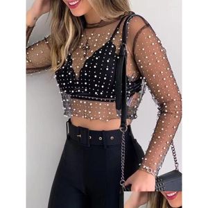 Dames T-shirt Dames T-shirts Y Doorzichtig Kristal Strass Pailletten Glitter Kant Mesh Coltrui Lange Mouw Blouse Drop Delivery Dhnhp