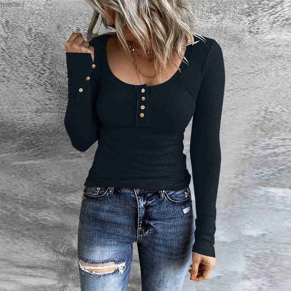 T-shirt pour femme col en U solide à manches longues Henley T-shirts boutonnés Slim Fit Tops col rond chemises en tricot côtelé Skinny High Street ChicC24319