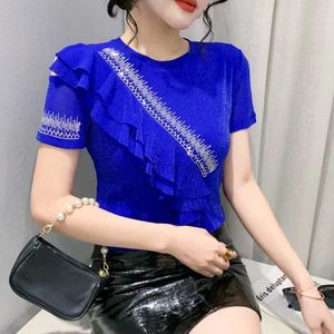 Dames T-shirt Wxw6122 Zwart Blauw Mesh T-shirt Dames Strak T-shirt met één schouder Dames Diamond Sexy Straatkleding T-shirt Kantoor T-shirt Dames dun T-shirt 240322