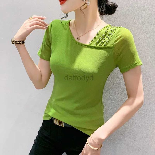 T-shirt Femme Wxw6571 Noir Vert Rose Rouge Mesh T-shirt Femmes Col En Spirale Diamant Sexy T-shirt Serré À Manches Courtes T-shirt De Bureau Coréen 240322