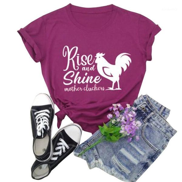 T-Shirt Femme X5XD Femme Été Manches Courtes O-Neck Rise And Shine Mère Cluckers Lettres Poulet Graphique Pull Tops Casual Drôle