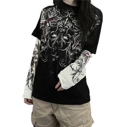 Dames T-shirt Xingqing Gothic Tops Dames Vintage Grafische print Patchwork T-shirts met lange mouwen Y2K Dark Academia Esthetische kleding Street chic 231011