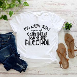 Dames T-shirt Y2K Esthetic Summer Loose T-shirt Je weet wat rijmpjes met camping alcohol ts camping avontuur unisex grafische casual top y240509