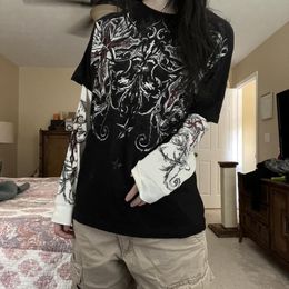 Camiseta de mujer Y2k Emo Mujeres Streetwear Vintage Gráfico Camiseta Patchwork Gothic Tops Camisetas de manga larga Dark Academia Estética Alt Ropa 230418