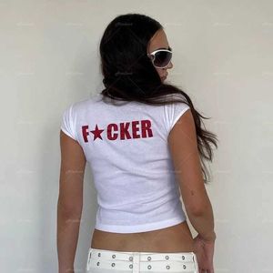 T-shirt pour femmes y2k lettre de mode imprimement juste grunge d'été e-girl blanc crop top slim des années 2000.