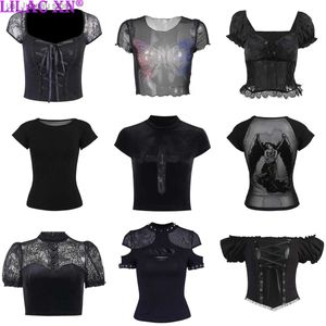 T-shirt pour femmes Y2K T-shirts en dentelle noire gothique harajuku lettre esthétique sexy imprimé court slve corset crop tops femme été ts strtwear t240412