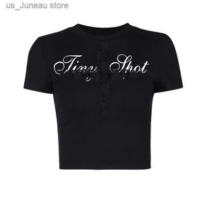 T-shirt pour femmes y2k t-shirts en dentelle noire gothique harajuku lettre esthétique sexy imprimé court slve corset crop