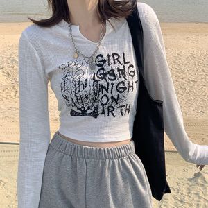 Camiseta para mujer Y2K Camisetas de manga larga Mujeres Carta Impresión Slim Tops Gris Otoño Sexy Harajuku V-Cuello Tees Hada Grunge Negro Blanco Paño 230215