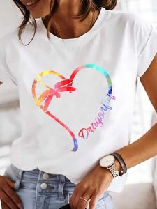 Dames T-shirt Y2K Korte Slves Sunmmer T-shirt Fashion vrouwelijke grafische T-vrouwen print zomer draglfly bloem o-neck schattige casual kleding top y240509