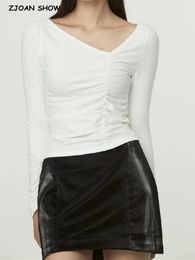 T-shirt femme Y2K femmes col oblique t-shirt plissé ruché taille manchette ajusté à manches longues T-shirt Base hauts blanc gris noir 230503
