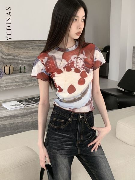 Camiseta de mujer Yedinas Chic See Through Mesh Tops Manga corta Crop Top T Shirt Print Cake Graphic Tees Ropa de mujer Estilo coreano E Girl Y2k 230727