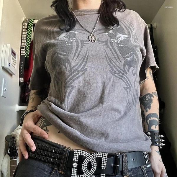 T-shirts pour femmes 00 00S Retro Aesthetic Mall Goth Crops Tops E-Girl Gothic Y2k Cyber Grunge T-shirt Vintage Graphic Imprime