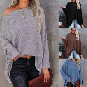 T-shirts pour femmes 066C Pull surdimensionné d'automne pour femmes Couleur unie Chauve-souris à manches longues Une épaule Tricots Fente latérale Pull décontracté Tunique