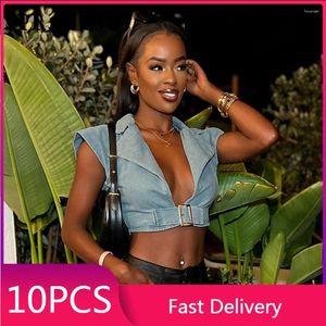 T-shirts pour femmes 10 crop tops 2024 imitation féminine denim corset femme y2k veste en vcelle en v à col en v