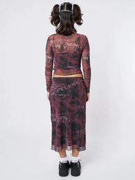 T-shirts pour femmes 2 pièces tenues pour femmes jupe ensembles lettres imprimer manches longues haut court taille basse automne moulante robe midi ensemble