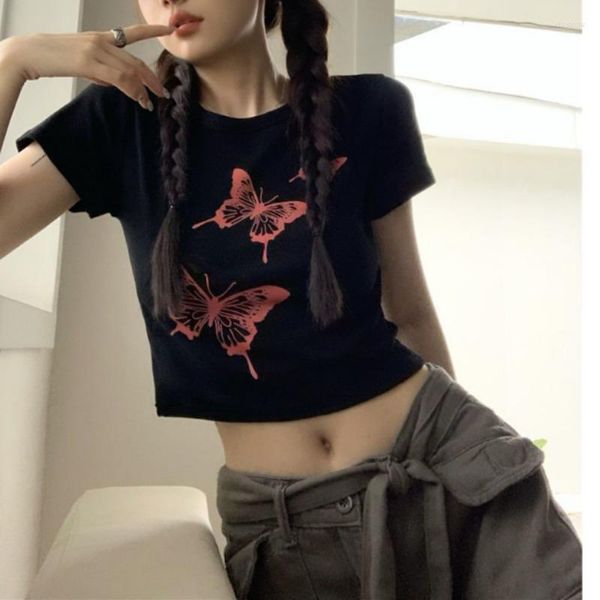 Camisetas de mujer 2000s Y2k Streetwear Graphic Crop T-shirts Mujeres Moda coreana Slim Black manga corta Top Mujer Hippie Casual Tees