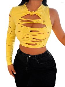 T-shirts pour femmes 2022 pull femme couleur unie évider noué Crop hauts T-Shirt à manches longues chemisier pour printemps été jaune S/M/L
