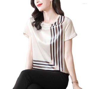 Dames t shirts 2022 o-neck vrouwelijke ontwerper satijn t-shirts korte mouw geprinte elegante vrouwelijke tops Korea stijl zomer casual kantoor top