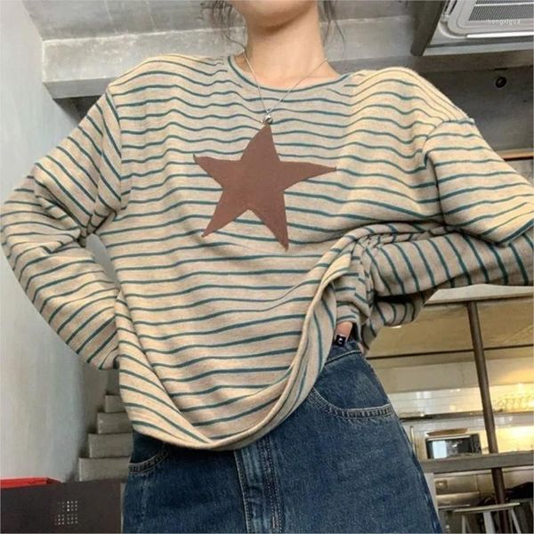 Camisetas de mujer 2023 otoño rayas Patchwork bordado estrella patrón Vintage manga larga mujeres Crop Top coreano INS Harajuku Y2K suelto