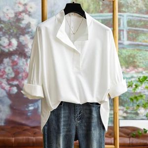 Dames T-shirts 2023 Herfst Wit Staande Kraag Shirt Mode Commuter Eenvoudige V-hals Losse Hoge Kwaliteit Top Casual