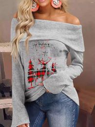 T-shirts pour femmes 2023 Automne Hiver Christmas Tree Plaid Reindeer Blouse Snowflake Grey Elegant Offant Office Style Lady One épaule Sexy Femmes