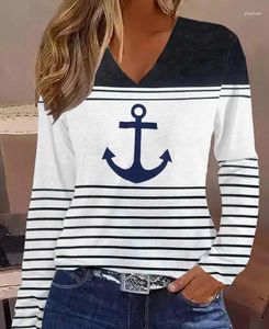 Dames T-shirts 2023 Herfst Winter Lente Mode Casual Ankerprint Gestreept Colorblock V-hals Lange mouw Top Vrouwelijke T-shirts Trui