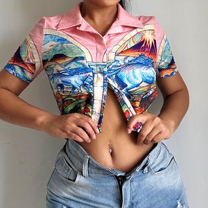 Camisetas de mujer 2023, estilo de vacaciones en la playa, camiseta holgada con estampado de paisaje, camiseta corta con cuello Polo