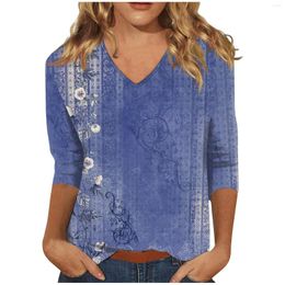 T-shirts pour femmes 2023 Blouses décontractées manches trois-quarts col en v haut impression automne et hiver hauts grande taille