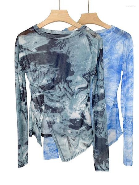 T-shirt da donna 2023 Chic Tie Dye Stampa Maglia Camicia con coulisse Fasciatura Vintage Tops Sexy Aderente Crop Top Manica lunga Tees Donna Streetwear