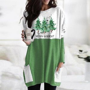 Camisetas para mujer 2023 Tema navideño Impresión 3D Camiseta informal de manga larga Vestido para mujer Camisetas gráficas con bolsillos sueltos con cuello redondo Tops verdes