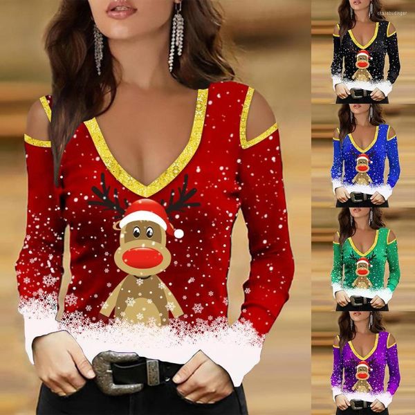 T-shirts pour femmes 2023 Noël européen et américain femmes wapiti imprimé Sexy hors épaule haut trompette à manches longues T-shirt femmes