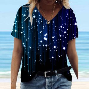 Vrouwen T Shirts 2023 Fashion 3D Sterrenhemel Tie-Geverfd Print Tops Vrouwen V-hals T-shirt Zomer Toevallige losse Korte Mouw Trui Kleding
