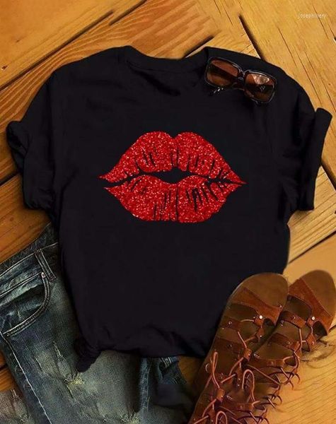 Camisetas de mujer 2023 moda Casual verano manga corta Día de San Valentín Sexy rojo estampado de labios camiseta pulóver Top