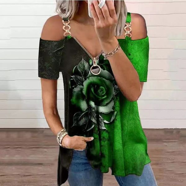 T-shirts pour femmes 2023 Fashion Street Hipster Summer Casual Col en V Gothique Rose Imprimer À Manches Courtes T-shirt Lâche Pull Femme Plus La Taille