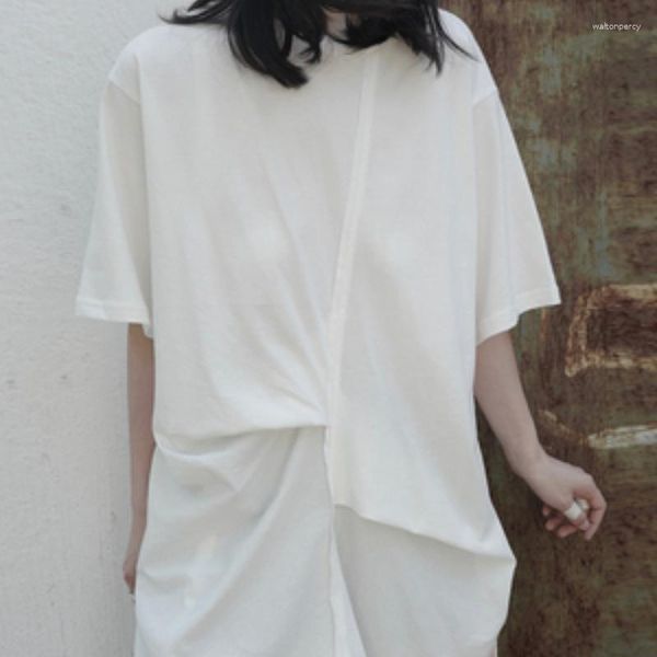 Camisetas de mujer 2023 tendencia de moda primavera y verano blanco plisado Split gran camiseta larga cuello redondo media manga