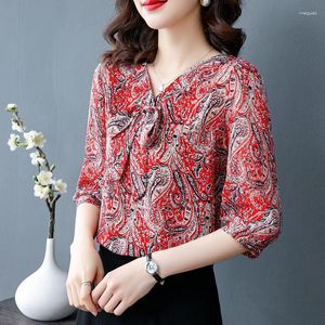 Camisetas de mujer 2023 Floral 3/4 manga de gama alta con cordones arco verano versión coreana suelta Casual cuello pico Patchwork estampado moda desplazamiento