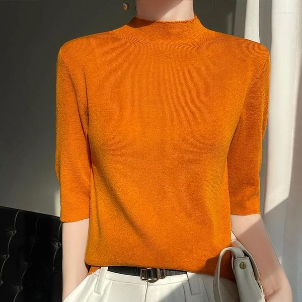 T-shirts pour femmes 2023 demi-col haut chemise tricotée courte lâche manches polyvalentes mode dessus de couleur unie printemps et automne mince t-shir