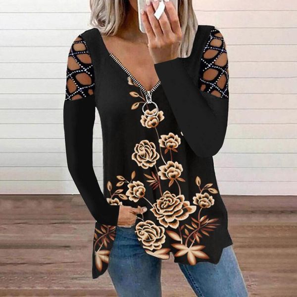 Camisetas para mujer 2023 Primavera Mariposa Floral Mujeres Camiseta Sexy Cremallera V Cuello Top Hollow Out Manga larga Lady Jersey Slim Off Hombro