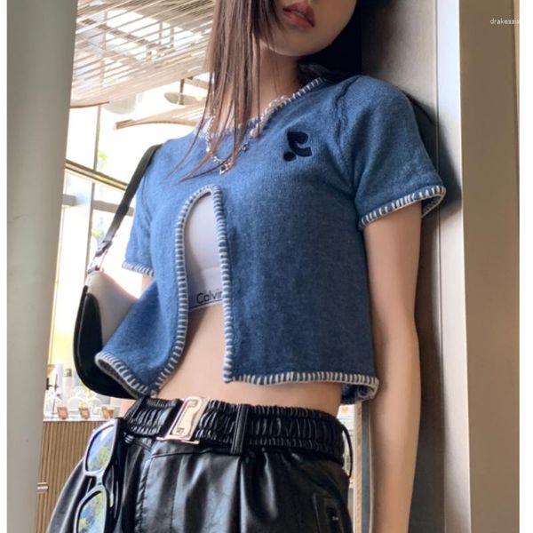 Camisetas de mujer 2023 primavera para mujeres Crop Tops Vintage coreano Retro High Street Front Split camiseta Streetwear camiseta