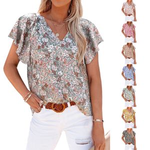 Camisetas de mujer 2023 verano Casual moda Vintage estampado Floral cuello en V pétalo manga corta suelta pulóver camisa dulce blusa fresca mujeres